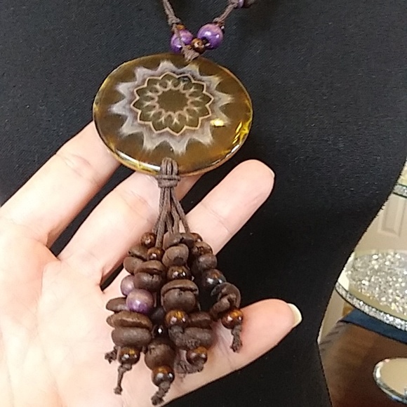 Coffee Bean Necklace With Floral Disk Pendant - Picture 5 of 17